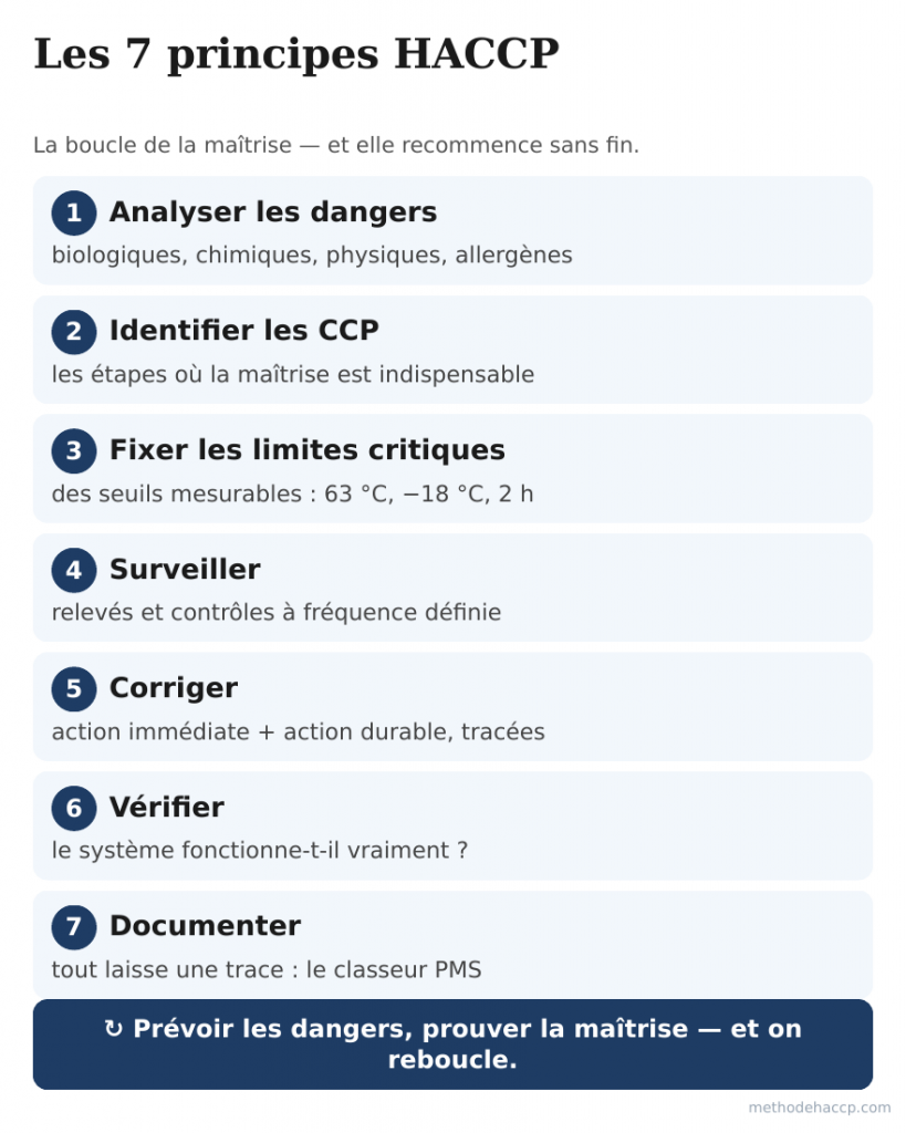 Schéma circulaire des 7 principes HACCP, de l'analyse des dangers à la documentation