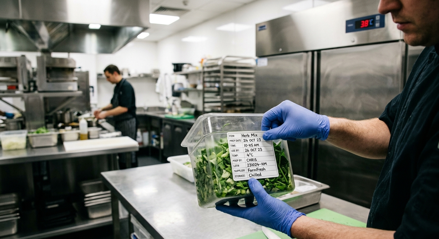 Un cuisinier appose une étiquette de traçabilité sur un bac d'herbes hachées dans une cuisine professionnelle
