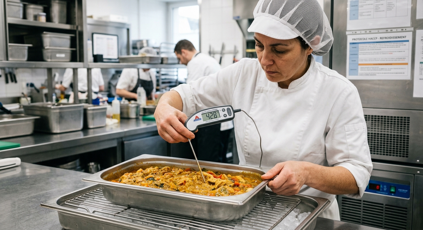 Une cuisinière vérifie la température d'un plat avec un thermomètre numérique dans une cuisine professionnelle