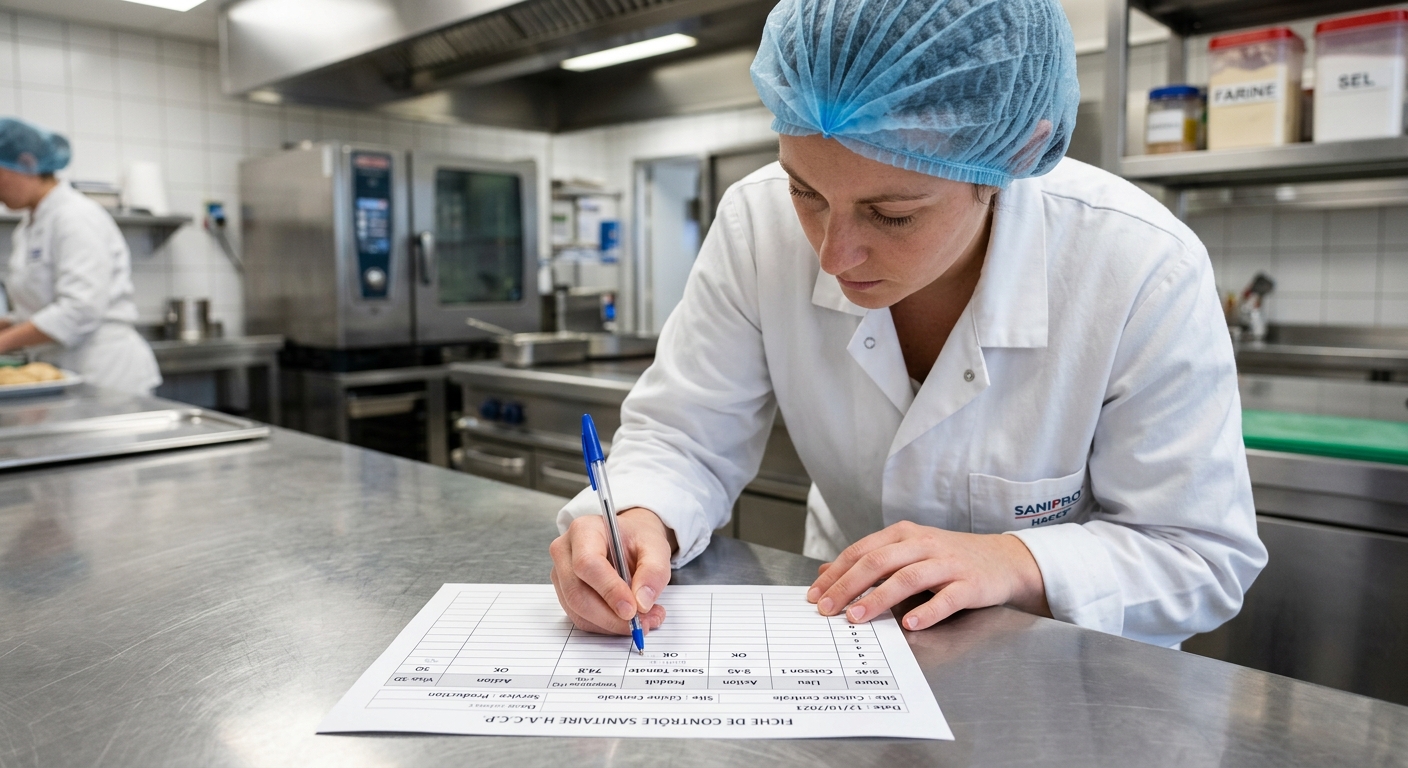Une employée remplit une fiche de contrôle sanitaire HACCP dans une cuisine professionnelle
