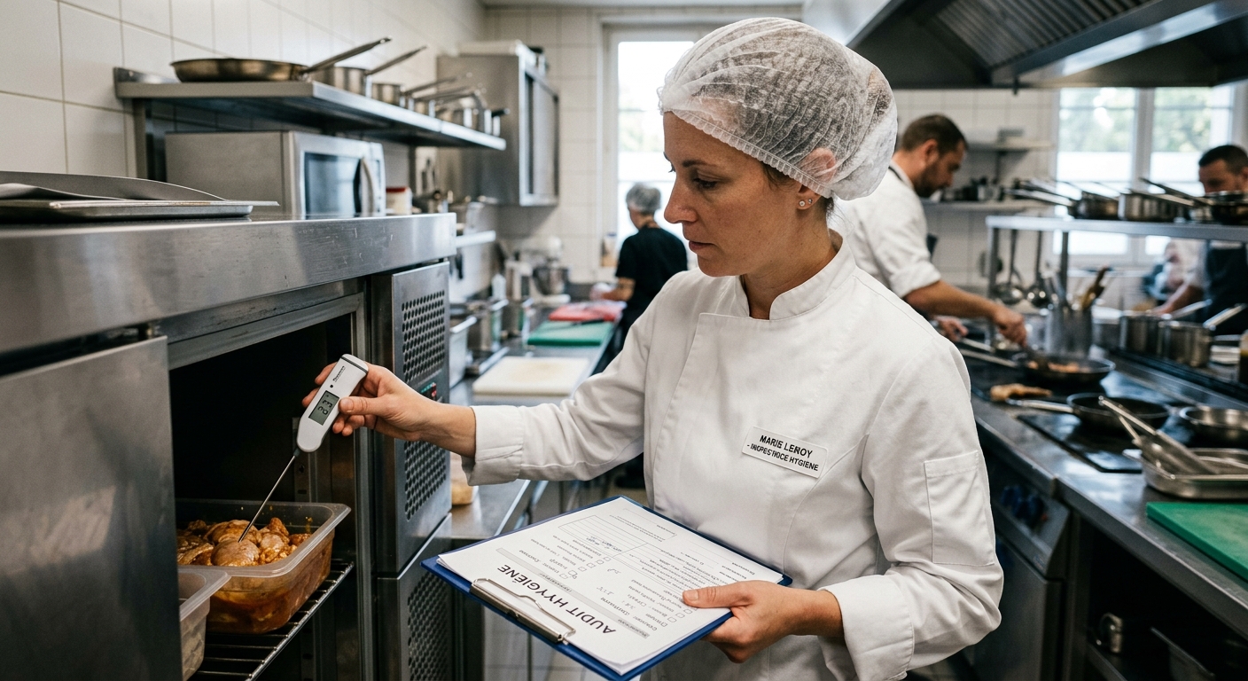 Une inspectrice d'hygiène mesure la température des aliments avec un thermomètre sonde dans une cuisine professionnelle
