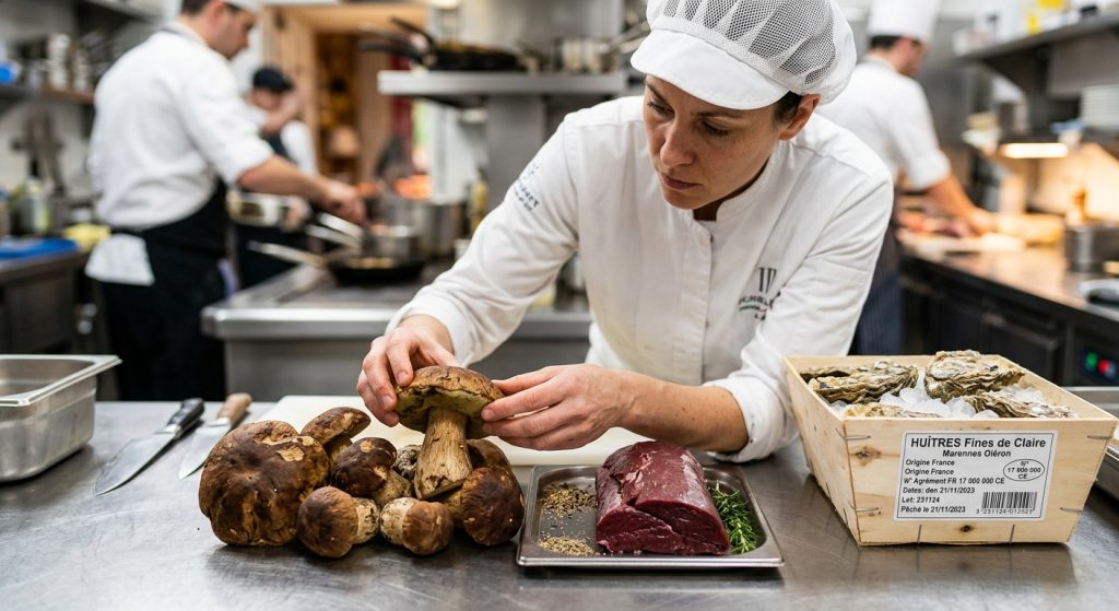 Une cheffe examine un cèpe posé sur un plan de travail aux côtés d'une pièce de viande et de huîtres