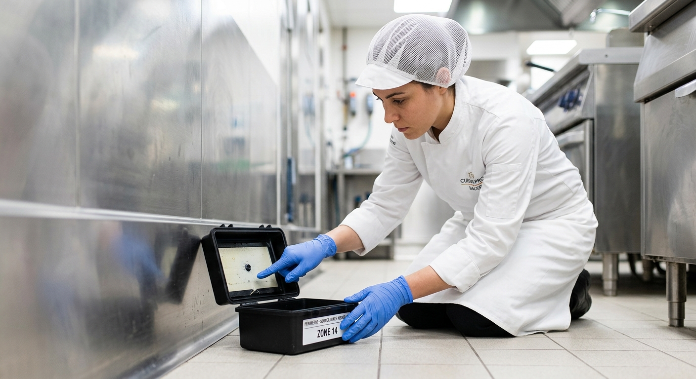Une inspectrice en tenue d'hygiène contrôle un boîtier de surveillance au sol dans une cuisine professionnelle